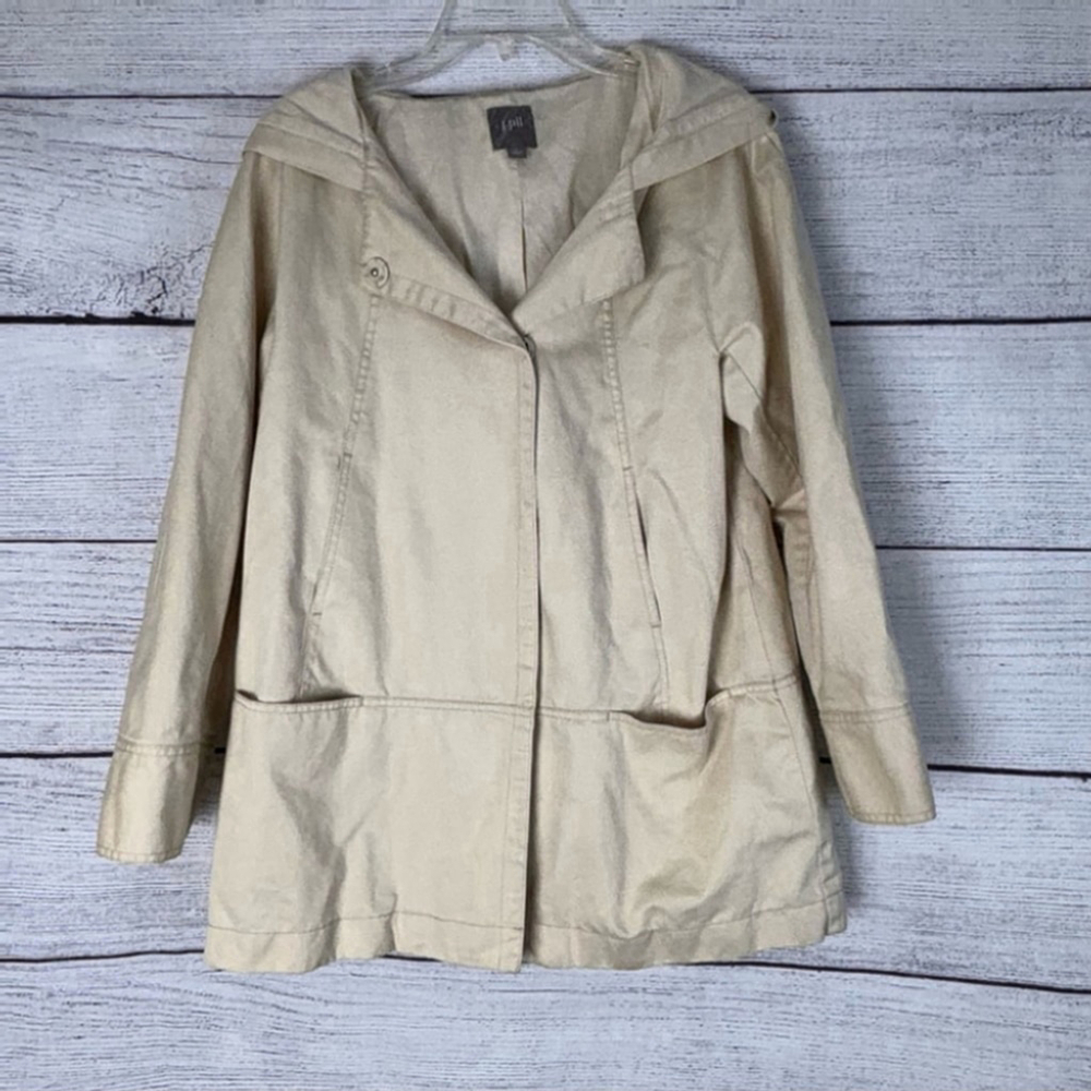 J Jill Women’s Hooded Hidden Button Cotton Linen Jacket Khaki Size M - Picture 4 of 5